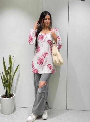 Image of SONISHA Women's Rayon Floral Print Short Kurti for Women Elegance Square Neck, Long Sleeves with Style Criss Cross Back Kurti, Top for Office Wear, Casual, Outdoor