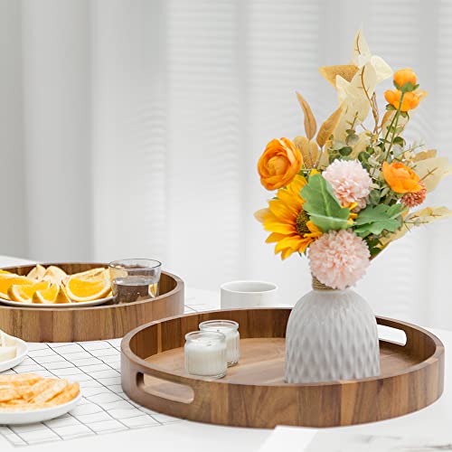 Round Wood Serving Trays Set Of 2, Ottoman Tray Rustic Acacia Wooden Trays With Handles, Nesting Circle Tray With 4 Coasters For Coffee Table Living Room Bathroom Bedroom Party #TOP3
