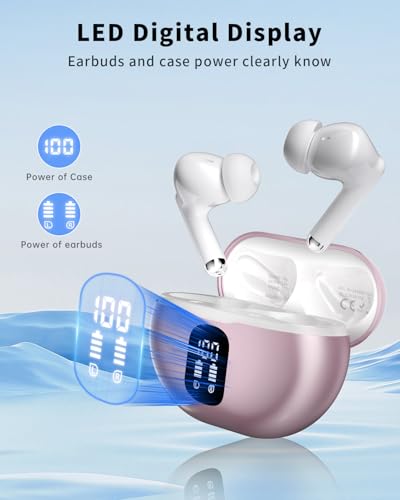Image of Wireless Earbuds, Bluetooth 5.4 Headphones with 50H Playback, Deep Bass Stereo Ear Buds Clear Calls with LED Power Display, IPX7 Waterproof, in-Ear Earphones with Mic for Phone /Android /iPad, Rose Gold