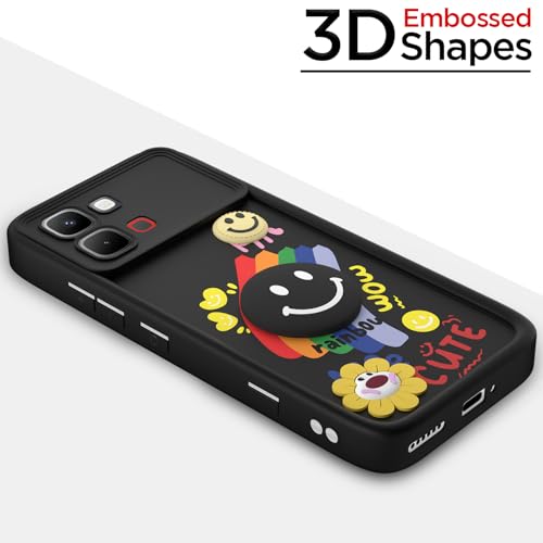 Image of Pikkme Back Cover for Infinix Note Edge 5G | Soft Silicone| Cute Rainbow Smile & 3D Cartoon Flower Design | Shockproof Raised Camera Protection Bumper Case (Black)
