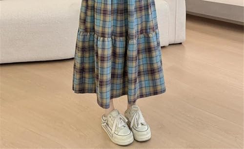 Women Patchwork Plaid Mesh Skirt High Waist A-Line Long Tulle Checked Layered Swing Chic Versatile Wear Blue2
