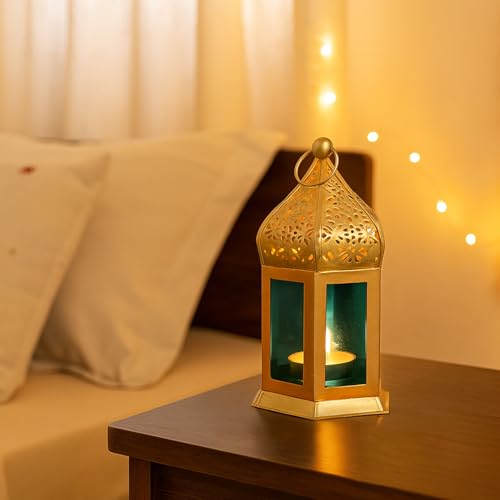 Image of MARKET 99 Metal & Glass Moroccan Lantern Candle Holder | Decorative Tealight Lantern for Home Decor, Living Room & Table | Valentine, Diwali, Wedding-Golden & Blue | (Use LED T-Light only)
