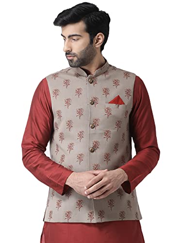 Image of Kisah Men's Silk Blend Printed Nehru Jacket Regular Fit | Designer Ethnic Layering | Wedding & Occasion Wear