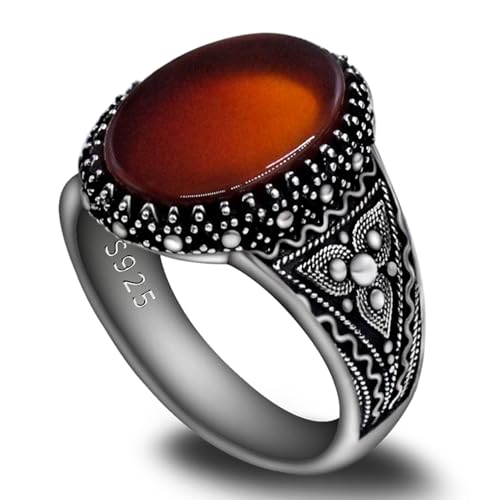 Real 925 sterling silver inlaid red natural agate gem ring, authentic retro Türkiye Ottoman style men's ring