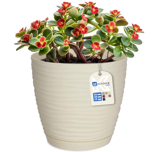 KADAX Blumentopf mit Untersetzer, Blumenkübel, Pflanzkübel für Innen, Leichter Pflanztopf aus Kunststoff, Übertopf für Blumen, Pflanzen, Haus, Zimmer, Pflanzgefäß (13cm, Creme)