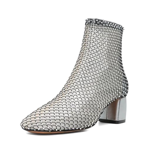 XYD Women Round Toe Short Boots Mesh Crystals Block Heel Shoes Back Zip Cut-out Ankle Bootie Pumps for Party Dressy