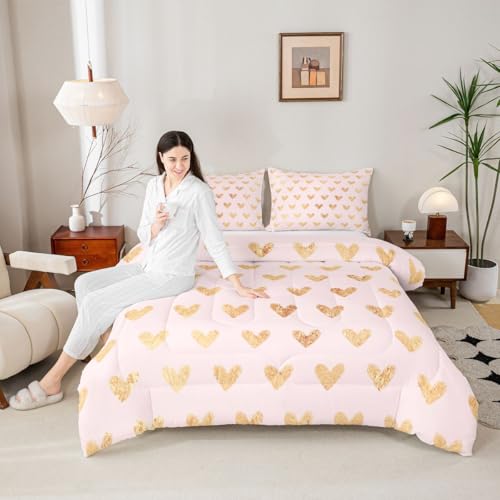Image of Erosebridal Cute Heart Pattern Toddler Comforter Set Gold Pink Bedding Set for Kids Girls Valentine Love Geometric Comforter Love Heart Duvet Insert