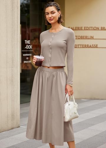 Image of Panadila Womens 2 Piece Lounge Sets Matching Vacation Outfits Ribbed Button Down Cardigan and Elastic Waist Skirt Sets