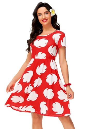 Women Red Leaf Dresses Hawaiian Princess Dress Short Sleeve Knee Length T-Shirt Dress S