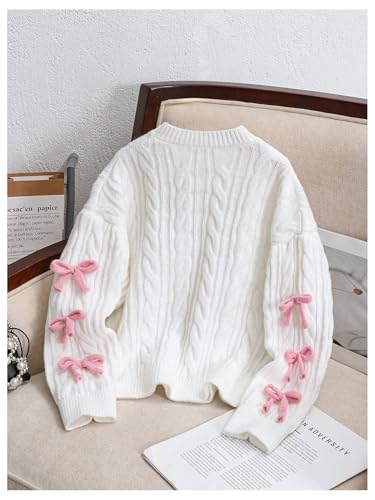 MakeMeChic Girl's Bow Sweater Cable Knit Crew Neck Long Sleeve Cute Pullover Tops2