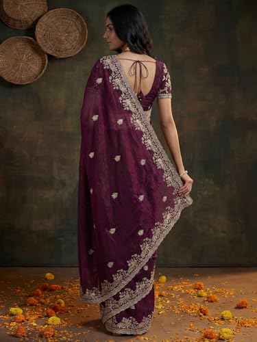 Image of SIRIL Women's Tissue Silk Scalloped Border Embroidery Saree with Unstitched Blouse Piece