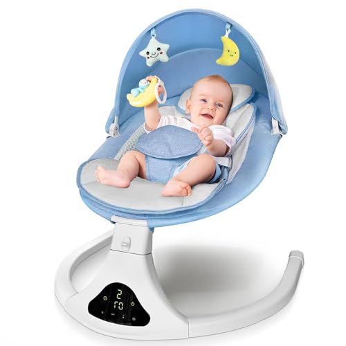 Image of Electric Baby Swing with Remote Control - 5 Natural Motion Speeds, Detachable Seat Pad | Portable Infant Swing for Indoor/Outdoor Use (0-12M, 20lbs) (Blue)