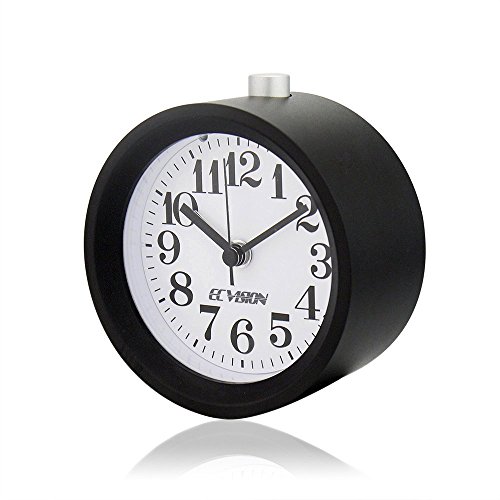 ECVISION Creative Small Round Aluminium Silent Table Snooze Beech Alarm Clock with nightlight (Black)