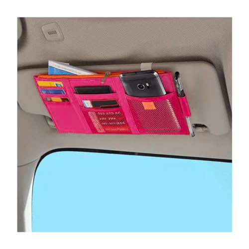 Image of Car Sun Visor Organizer, Auto Interior Visor Storage Pouch Holder with Zipper, Multi-Pocket Net Personal Belonging Organizer, Universal Car Accessory for Cards, Documents (Rose Red)