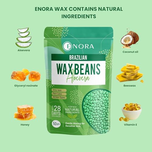 Image of ENORA Brazilian Stripless Wax Beans for Women (50g) | With Wooden Spatula | Natural | For Face, Chin, Hairline, Bikini Area & Full Body Hair Removal (50 Gram, Aloevera)