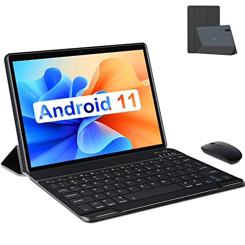 Tablette Tactile Android 11 Tablette 10 Pouces 4Go RAM 64Go/256Go ROM 1.8Ghz Quad Core 6000mAh Dual Caméra Tablette pas cher Bluetooth Netflix Type-C avec Clavier et Souris(WiFi Version),Gris Cover