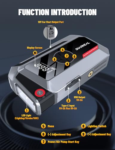 Jump Starter with Air Compressor, Sharmeal 6000A 150PSI Car Battery Jump Starter for All Gas and 10.0L Diesel, 12V Car Battery Jumper Starter with Large Display, Emergency Lights