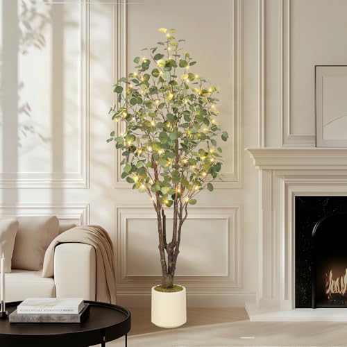 GarveeHome Artificial Eucalyptus Tree, 6ft Tall Fake Artificial Plant with White Planter,Large Faux Floor Plant Fake Silk Trees with 50 Lights Artificial Trees for Home Decor Indoor