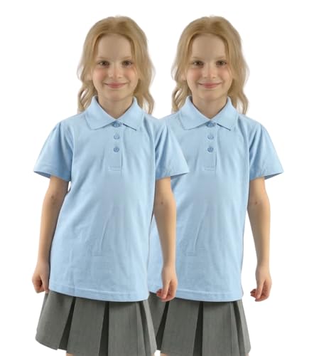 GW CLASSY OUTFIT 2X Girls Polo Shirts (Pack of 2) Short Sleeve Girls School Uniform Polo T-Shirts PE Tops 4-12 Years (9-10 Years, 2X Blue)