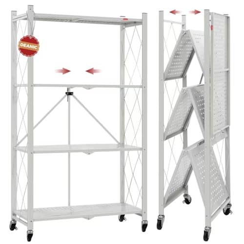 Image of DEANIC 4 Tier Foldable Storage Shelves with Wheels, Large Capacity Shelving Unit, Freestanding Metal Wire Shelf Rack, No Assembly Organizer Rack for Garage Kitchen, Basement, Pantry(Grey)