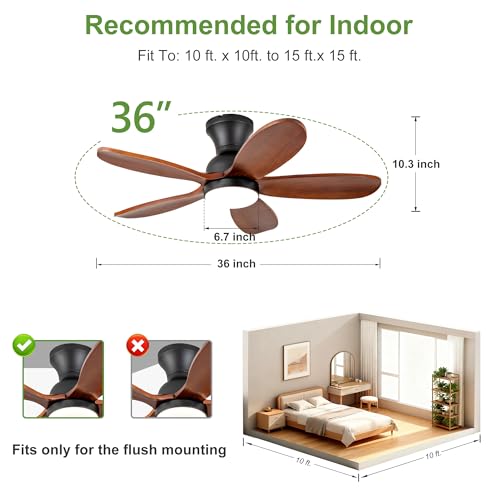 36 Inch Flush Mount ceiling fan with lights,Outdoor Ceiling Fans for Patios,Remote Control,Dimmable,Reversible,Wood Blades,Power-Off Memory,Quiet DC Motor,Modern Hugger Ceiling Fan for Bedroom thumbnail 7