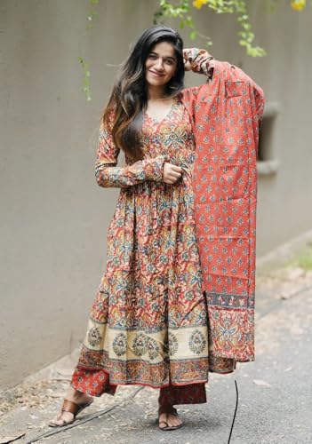 Image of Nermosa Women Printed Anarkali Kurta and Pant Set with Dupatta