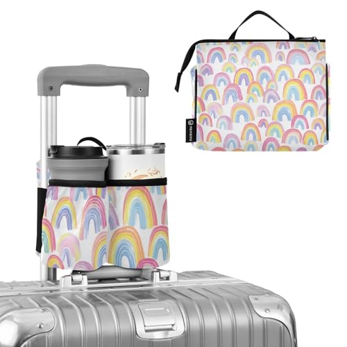 Image of Luggage Cup Holder for Suitcases Free Hands Suitcase Cup Holder Travel Luggage Drink Holder Portable Luggage Cup Caddy Bag Carrier with Handle Gradient Cute Rainbows