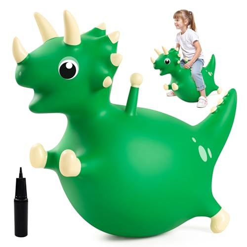 Image of EVERICH TOY Bouncy Dinosaur Hopper, Ride-On Animal Hop Toy for Kids 3+ | Inflatable Horse Hopping for Boys Girls, Indoor Outdoor Bouncy Dino Plush Toy for 3 Year Old Kids, Gift for 4 5 6 Yrs W / Pump