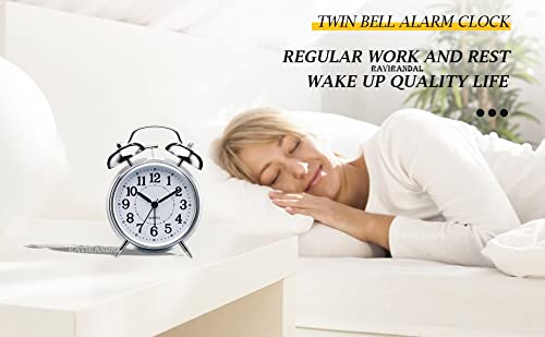RAVIRANDAL Brass Vintage Twin Bell Table Top Alarm Clock with Night Led Light Display Alarm Clock for Bedroom Heavy Sleepers Kids and Students (Silver) 4