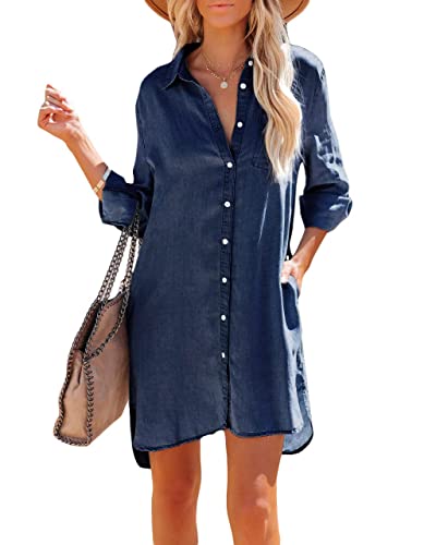 Paintcolors Women's Long Sleeve Silk Denim Button Up Dresses Shirt Tunics Cover-ups Oversized Blouse Tops with Pockets