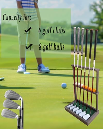 Image of Golf Club Rack Stand, Solid Wood Golf Club & Putter Display Rack, Golf Club Organizer Holds Up to 6 Clubs with Ball Storage, Floor Rack for Indoor Golf Simulator, Office or Home