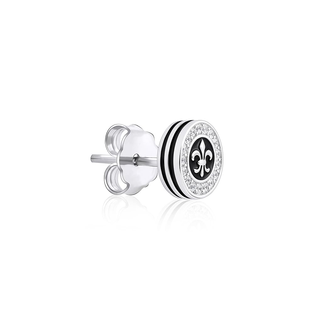 925 Silver Fleur Pavé Stud Earrings, Unisex Earrings | Black Enamel Fleur Motif with Cubic Zirconia Halo Border | Gifts for Women and Men | With Certificate of Authenticity