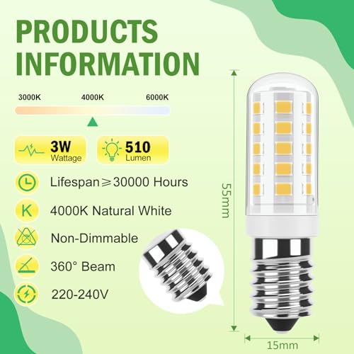 Lumlog E14 Led Light Bulbs Natural White, 3W 510Lm 4000K Cooker Hood Bulb, Equivalent to 30-40W Halogen, 220-240V No Flicker Non-Dimmable Energy Saving, for Home Lighting 2-Pack [Energy Class C]