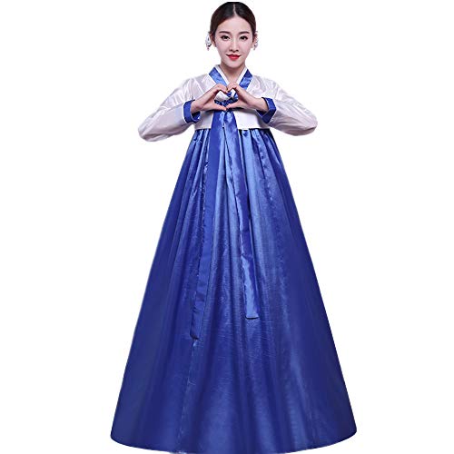 XINFU Women's Korean Traditional Hanbok Sets Long Sleeve Colorful Cosplay Costume Dress, Whiteblue, Large