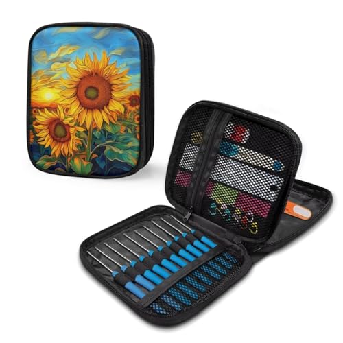 Image of Art Sunflower Crochet Hook Case Crochet Hook Holder Portable Storage Bag with Web Pockets Suitable for Needles /Knitting Accessories