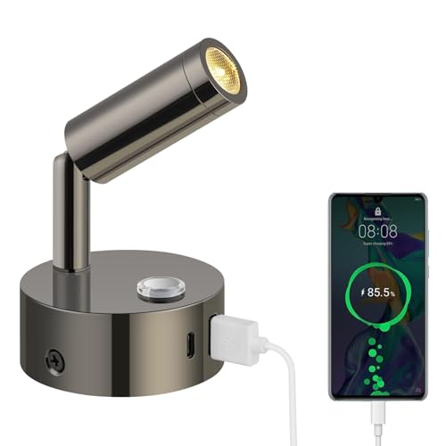 ERWEY Lampe de lecture 12V pour camping-car, applique murale LED avec interrupteur Touch Dimmable 3000K-6000K,DC 12V-24V Spot avec prises USB A+C pour bateau voiture camper van,Noir brillant
