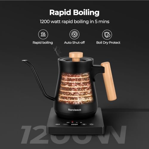 Narcissus P901 Gooseneck Electric Kettle with ±1℉ Temperature Control Function, 0.9 Liters, 1200 Watt Rapid Boiling in 5 Mins, Max 6 Hours Keeping Warm, 304 Stainless Steel Interior, BPA Free, Black - 2