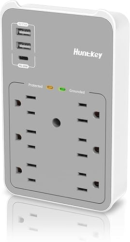 Huntkey - Extensor de toma de corriente de pared, enchufe múltiple con USB C PD de 20 W, 6 tomas de corriente alterna con 2 puertos USB A, cargador