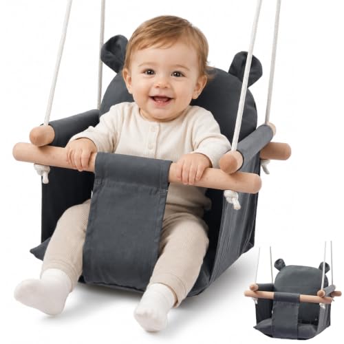 Babyschaukel Holz, Kinderschaukel, Hängeschaukel Baby für Indoor & Outdoor mit Sicherheitsgurt und Baumwoll Kissen, Höhenverstellbar für Babys und Kinder 0–36 Monate, Tragkraft 25kg