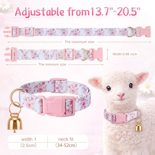 Image of Goat Collar with Bell, Sheep Grazing Copper Bells and Adjustable Nylon Collar Set Loud Bronze Bell for Summer Small Farm Animal Sheep Cow Dog Accessories Gift(Pink Flower)