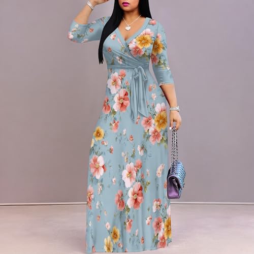 Image of PinkPatty Plus Size Maxi Dress for Women Casual V Neck 3 /4 Sleeve Boho Printed Long Dress with Pockets