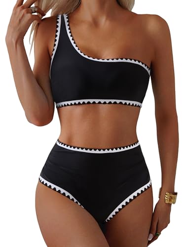 MOOSLOVER Women Bikini Sets One Shoulder High Waisted Swimsuit Whip Stitch 2 Piece Bathing Suits