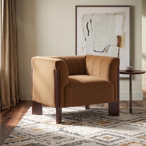 Christopher Knight Home Suma Velvet Accent Chair, Modern Living Room Armchair with Tufted Back, Rubberwood Single Lounge Sofa, Bedroom Comfy Reading Chair, Caramel Brown
