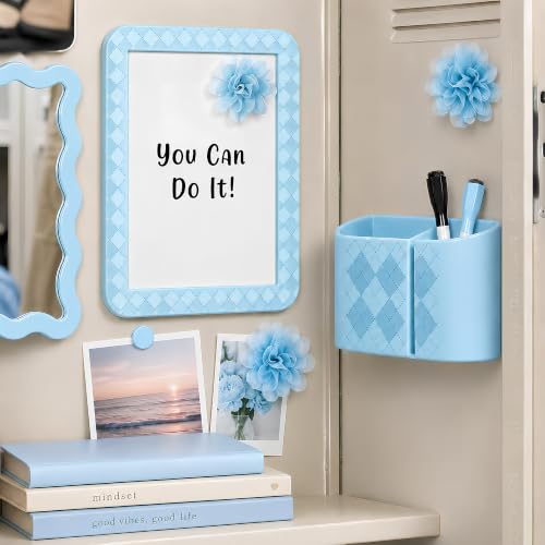 Image of 8 PCS Blue Locker Accessories Kit for Girls with Magnetic Mirror Whiteboard Pen Holder Flower Magnets Cute Aesthetic Locker Decoration Set for School Dorm Office Organization