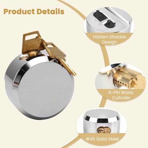 Image of 4 Pack Hidden Shackle Padlock Keyed Alike Heavy Duty Trailer Puck Silver | Trailer Door Lock W /8 Keys, Anti Theft, 2-7 /8 inch Solid Steel, for Trailers Trucks Vans, Shed Gates Garage