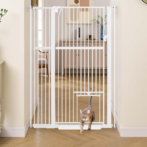 unipaws Hohes Katzengitter Tür, 142 cm hohes Hundegitter mit Katzentür, 95–105 cm breit, druckmontiertes hohes Haustiergitter für Treppen und Türen, Durchgangstür, Weiß