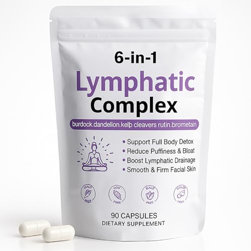 6 in 1 Lymphatic Complex Capsules Lymphatic drainage with Burdock Dandelion Kelp Cleavers for Reduce Bloat Balance Cortisol Full Body Detox & Skin Vitality | Vegan Non-GMO 90 Capsules (1)