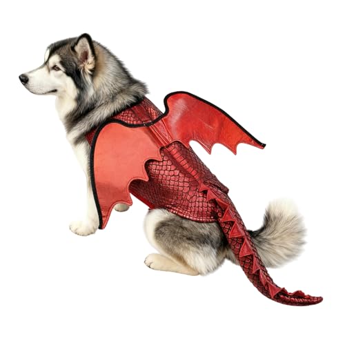 Dragon Costume for Dogs - Red Large Dog Costume with Wings & Hood Fierce Fire-Breathing Pet Costume for Any Party Comfortable Breathable Fit for Large Dogs 30-70 Lbs