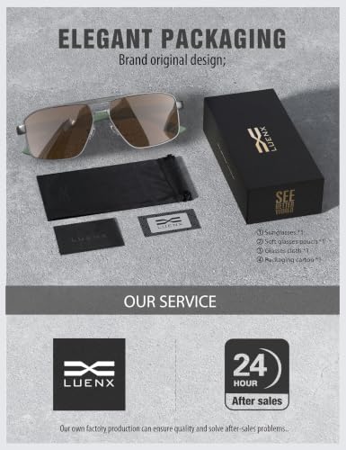 Image of LUENX Aviator Sunglasses for Men Square Polarized Polygon Lens - UV 400 Protection with Accessories
