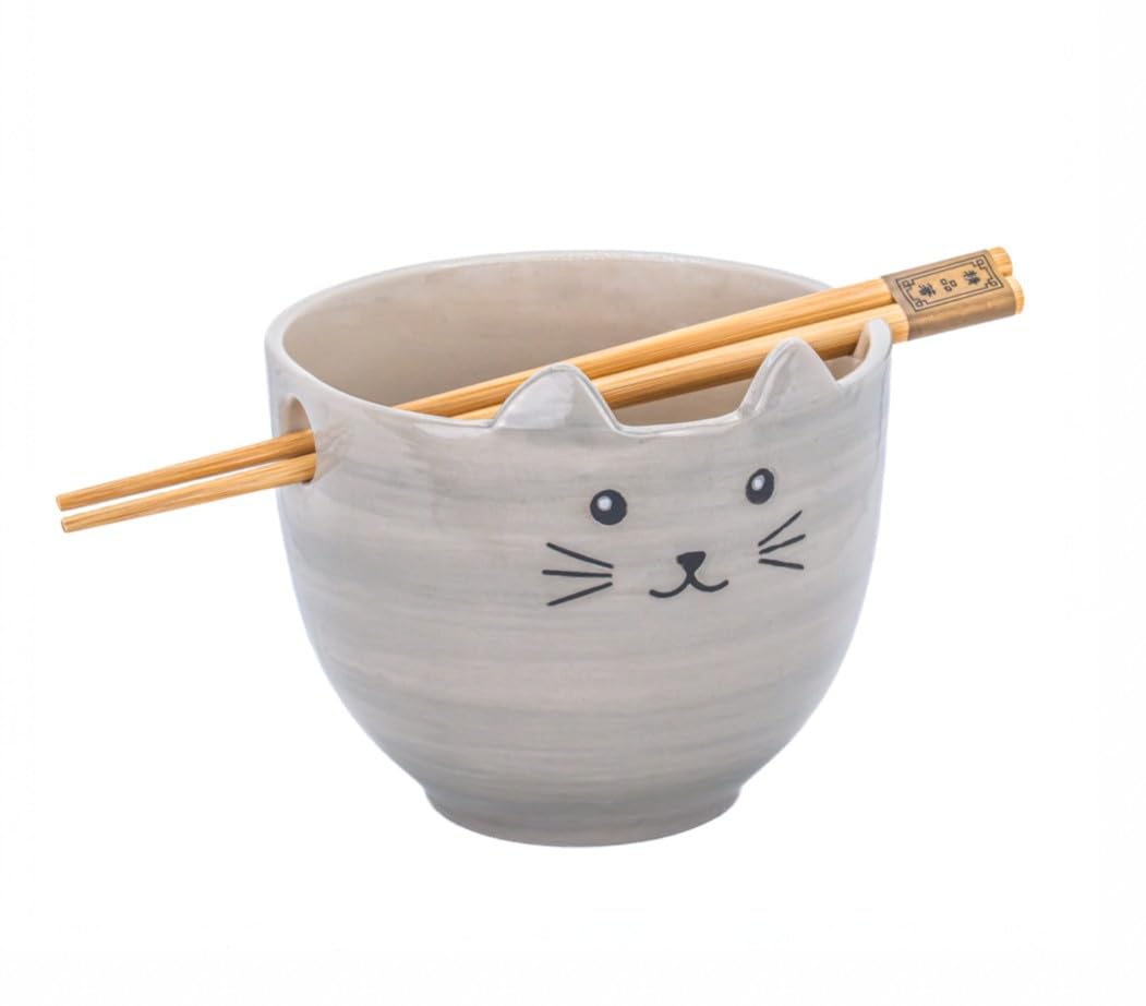 Sass & Belle Cat Noodle Bowl with Chopsticks, Cute Ceramic Noodle Bowl for Soup Pho, Rice, Ramen Bowl Set